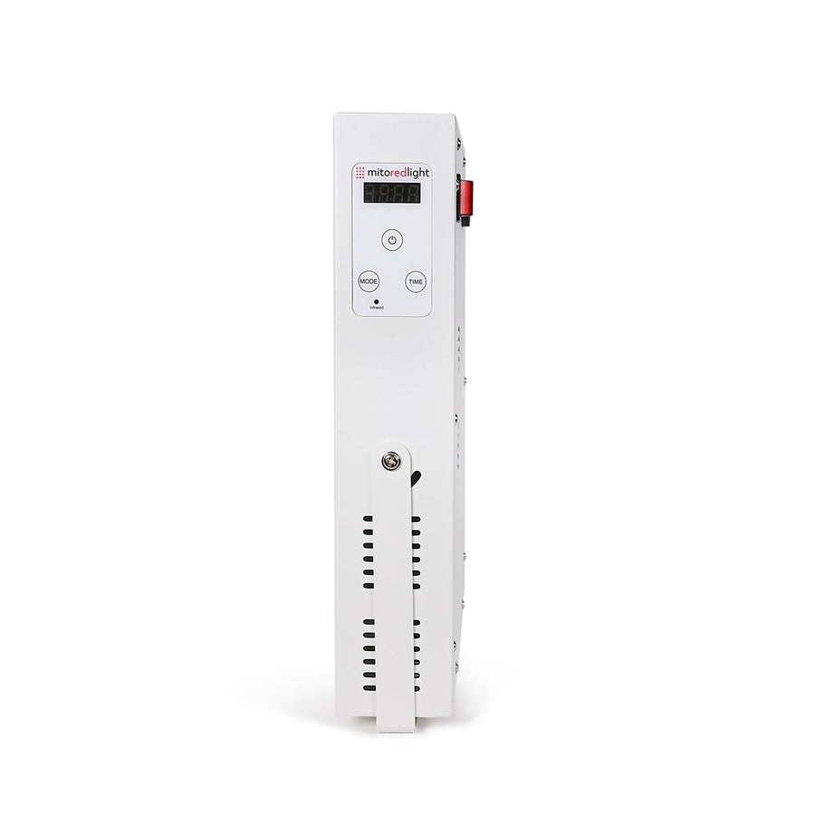 The MitoMIN 2.0 | Red Light Therapy Panel is a white, rectangular device that stands upright, featuring front-facing control buttons, a digital display, and side ventilation slots.
