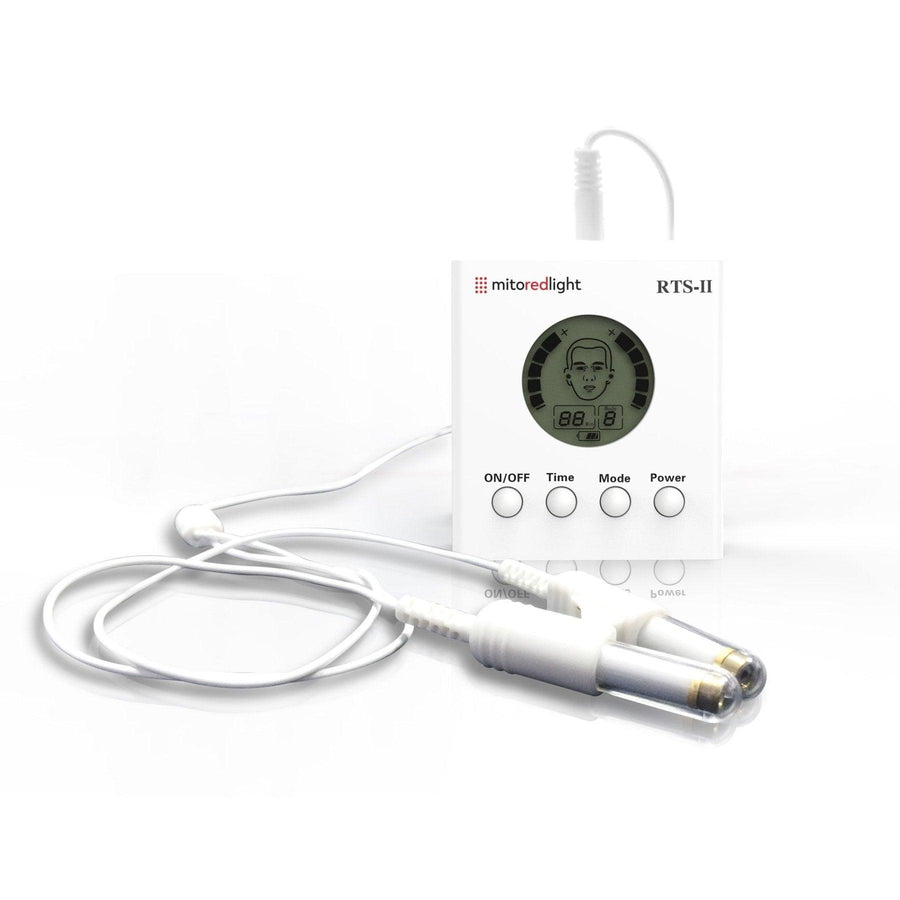 The MitoBOOST™ Intranasal Device System by Mito Red Light features a white body, digital display with face and numbers, four control buttons (ON/OFF, Time, Mode, Power), and two wired probes with metallic tips for sinus, immune, and brain health support.