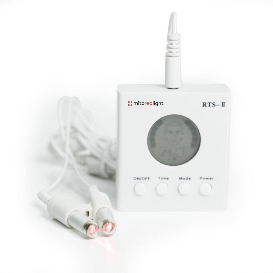 The Mito Red Light MitoBOOST™ Intranasal Device System features a white design with digital display, control buttons, connected wires, and two red lighted probes—ideal for sinus health, immune support, and brain health on the go.