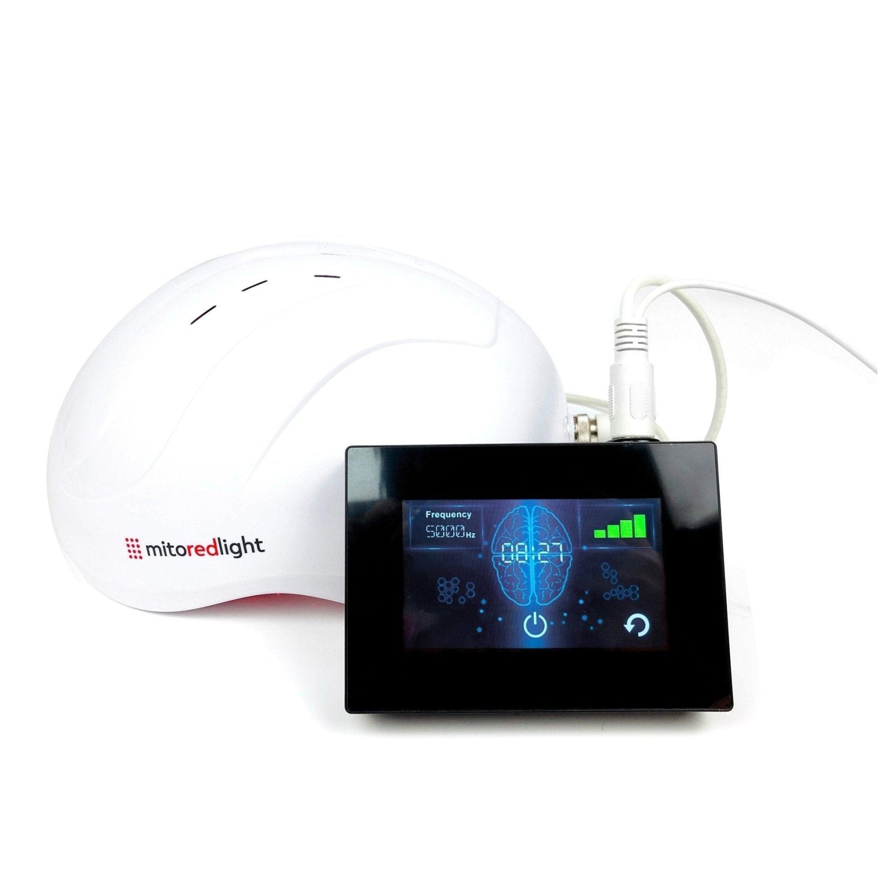The MitoMIND™ Helmet by Mito Red Light is a white, helmet-shaped device for near infrared light therapy for brain wellness, connected by cable to a black touchscreen control panel with settings on a blue digital interface.