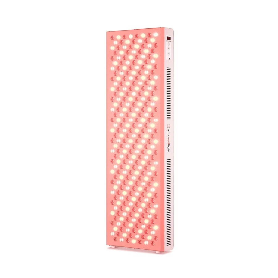 The Mito Red Light MitoPRO+ | Red Light Therapy Panel Series v2 features a tall rectangular design, a pink metallic casing, grid-arranged LEDs, and top right control buttons to deliver targeted near infrared light therapy.