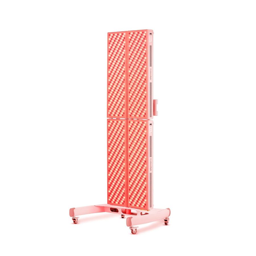 The MitoPRO+ | Red Light Therapy Panel Series v2 by Mito Red Light is a tall, rectangular panel on wheels with four vertical segments of red and white LEDs, offering advanced quad wavelength red and near infrared light therapy.