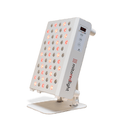 The Mito Red Light MitoPRO+ | Red Light Therapy Panel Series v2 is a white tabletop device with near infrared light, multiple red and white LEDs, digital timer display, control buttons, brand logo on the side, and is angled on a stand.