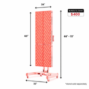 The MitoPRO+ | Red Light Therapy Panel Series v2 by Mito Red Light is a tall, rectangular, quad-wavelength red & near-infrared panel with four sections (60"H x 24"W x 32"D), height adjustable to 68-72". Stand sold separately. Bundle & Save $400 label in top right corner.