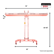 Side view of the MitoPRO+ Red Light Therapy Panel Series v2 by Mito Red Light, pink, 72" wide, 12" deep, height adjusts 42-62", quad wavelength for red & near-infrared therapy. $100 bundle discount; stand sold separately. 32" wheeled base.