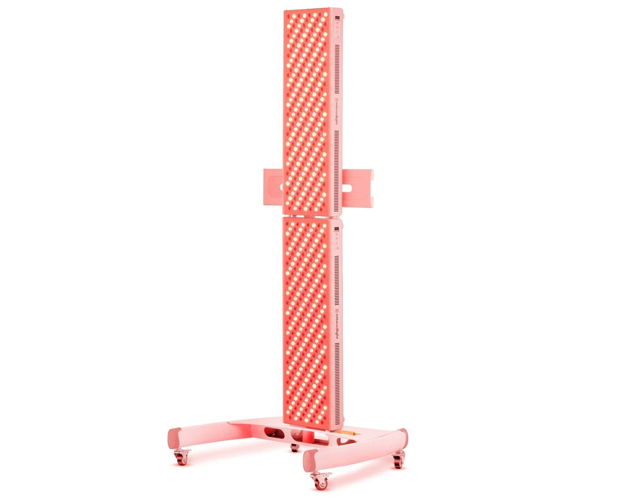 The MitoPRO+ | Red Light Therapy Panel Series v2 by Mito Red Light is a tall, vertical panel on wheels with two sections of red and white LEDs for targeted near infrared light therapy.