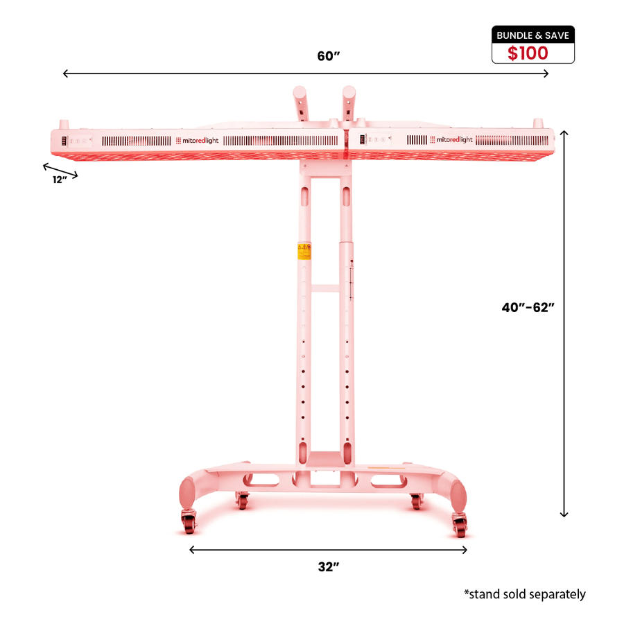 Front view of the MitoPRO+ Red Light Therapy Panel Series v2 by Mito Red Light in pink quad wavelength design on a wheeled stand, 60" wide, 12" deep, and 40–62" tall. Stand sold separately. Includes $100 bundle & save label.