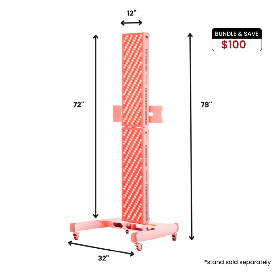 The Mito Red Light MitoPRO+ | Red Light Therapy Panel Series v2 is a tall, rectangular panel (72"H x 12"W x 32"D) on a wheeled stand. Stand sold separately; save $100 with bundle. Enjoy the benefits of near infrared light therapy.