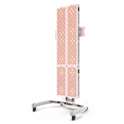 The MitoPRO™ X by Mito Red Light is a tall, white rectangular red light therapy panel with four panels of red and orange LEDs, mounted on a wheeled curved stand for wellness or medical use.