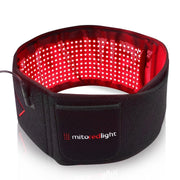 The MitoQUAD™ Wavelength Belt by Mito Red Light is a black red light therapy belt with glowing red LED panels, a velcro strap, and the brand name displayed on the front pocket. It uses medical grade red light therapy for hands-free use.