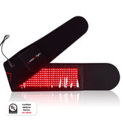The MitoQUAD™ Wavelength Belt by Mito Red Light is a black, adjustable red light therapy belt with TriChip technology, embedded LEDs, a small logo, and an IEC 60601 certification badge. The belt is partially open to display the illuminated section.