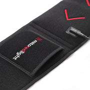 Close-up of a black MitoQUAD™ Wavelength Belt by Mito Red Light, a hands-free wearable red light therapy device with TriChip technology, red accents, and pocket labeled miRedlight in white and red text.