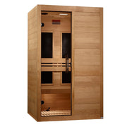 The Golden Designs Maxxus S-Line 2-Person Low EMF FAR Indoor Infrared Sauna + Red Light Therapy features a glass door, two black heaters, interior lighting, chromotherapy, a wooden bench, and sleek light-colored wood panels.