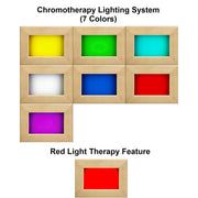 A chart with eight framed color swatches displays the chromotherapy lighting system for the Golden Designs Maxxus S-Line 3-Person Low EMF FAR Infrared Sauna + Red Light Therapy, with colors including yellow, green, cyan, white, blue, magenta, and red.