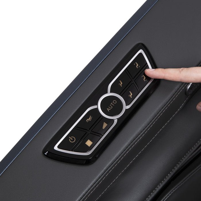 A hand pressing a button on the Osaki OS-Highpointe 4D Massage Chair's touchscreen controller.