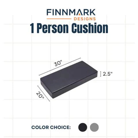 A rectangular Finnmark Sauna Cushion for FD-1, made of marine-grade vinyl, is shown in black (30 x 20 x 2.5). Available in black and gray, this non-toxic accessory adds comfort and style to your sauna. Brand: Finnmark.