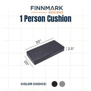 A rectangular Finnmark Sauna Cushion for FD-1, made of marine-grade vinyl, is shown in black (30 x 20 x 2.5). Available in black and gray, this non-toxic accessory adds comfort and style to your sauna. Brand: Finnmark.