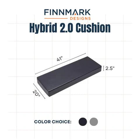 The Finnmark Sauna Cushion for FD-2 is a rectangular black cushion (41x20x12.5) made from non-toxic foam with marine grade vinyl. Hybrid 2.0 Cushion text and color options in black and gray are shown below the image. Brand: Finnmark.