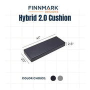 The Finnmark Sauna Cushion for FD-2 is a rectangular black cushion (41x20x12.5) made from non-toxic foam with marine grade vinyl. Hybrid 2.0 Cushion text and color options in black and gray are shown below the image. Brand: Finnmark.