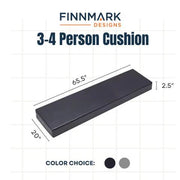Finnmark Sauna Cushion for FD-3 by Finnmark, made with non-toxic foam and marine-grade vinyl. Measures 65.5 x 20 x 2.5. Available in black and gray. Text: 3-4 Person Cushion by Finnmark Designs.