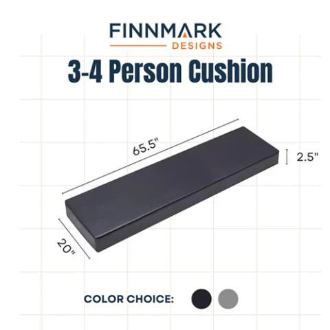 Finnmark Sauna Cushion for FD-3 by Finnmark, made with non-toxic foam and marine-grade vinyl. Measures 65.5 x 20 x 2.5. Available in black and gray. Text: 3-4 Person Cushion by Finnmark Designs.