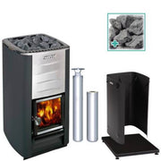 The Harvia M3 Wood-Burning Stove Kit includes a SS M3 stove, protective bedding, sheath, chimney kit, and stones—an ideal outdoor sauna heater by Harvia with a sleek black and silver design.