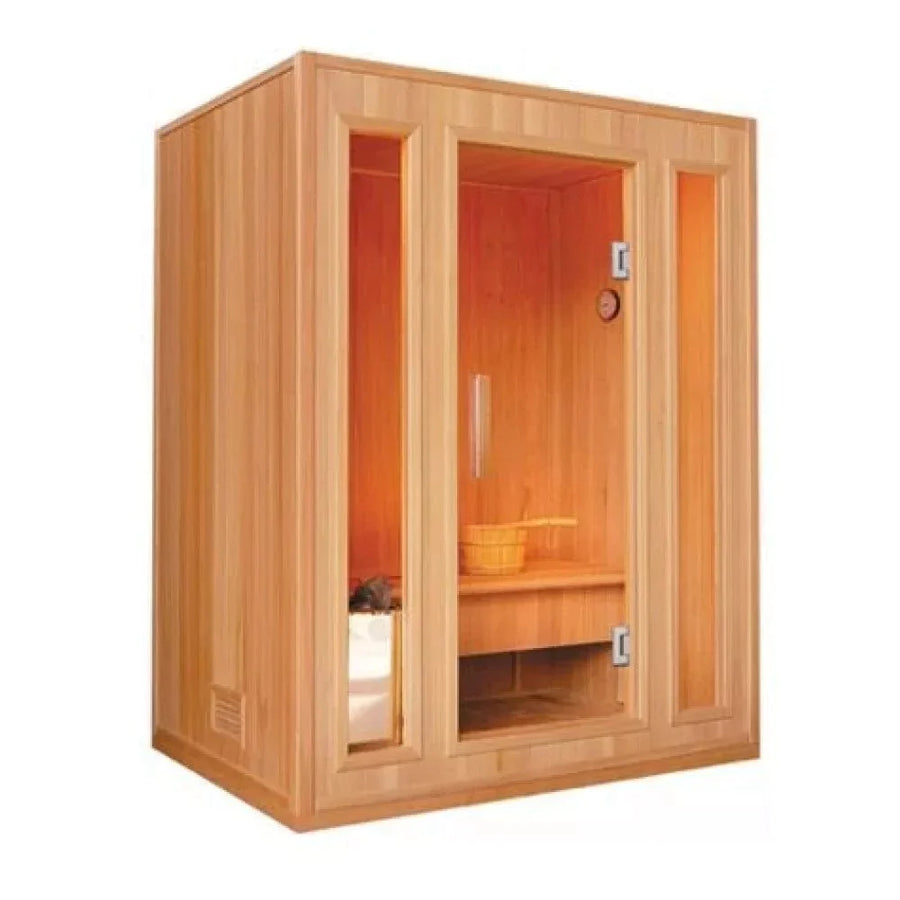 Sunray Southport 3 Person Traditional Sauna 300SN featuring ergonomic seating, a 4.5kW Harvia heater, and Canadian hemlock wood construction with a sauna bucket and bench.