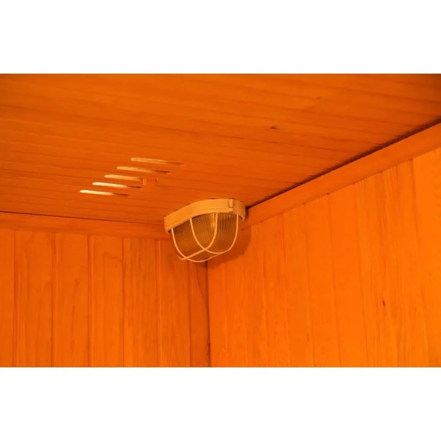Sunray Southport 3 Person Traditional Sauna, featuring Canadian hemlock wood construction, ergonomic seating, interior lighting, and a 4.5kW Harvia heater.