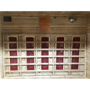 SunRay Cayenne 4-Person Outdoor Sauna 400D with ceramic heaters, natural hemlock wood, shingled roof, and exterior control panel.