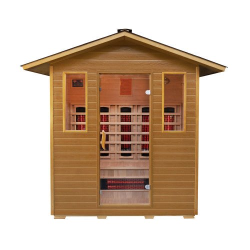 SunRay Cayenne 4-Person Outdoor Sauna 400D with glass door and pitched roof, featuring wide bench seating and ceramic heaters inside a wooden cabin.