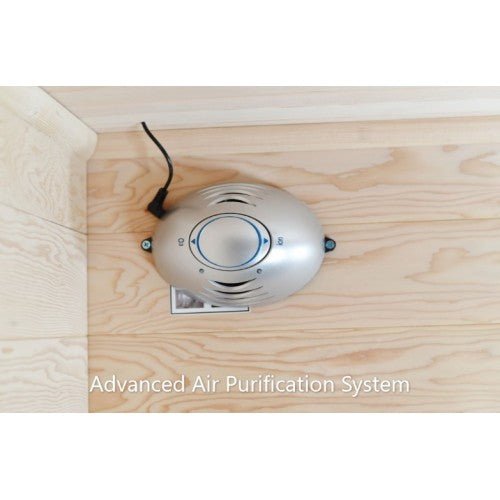Alt text: SunRay Cayenne 4-Person Outdoor Sauna 400D with ceramic heaters, black cord, and round silver control panel.