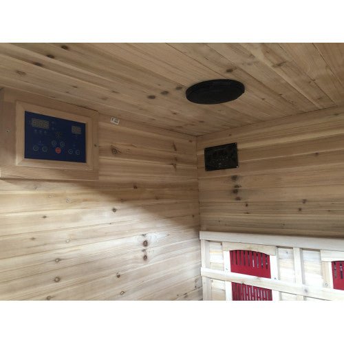 SunRay Cayenne 4-Person Outdoor Sauna 400D with ceramic heaters, Canadian hemlock wood, and exterior control panel. Ideal for outdoor wellness.