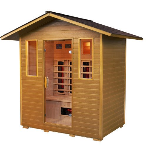 SunRay Cayenne 4-Person Outdoor Sauna 400D: A wooden sauna with a pitched roof, door, and wide bench seating, designed for outdoor use.