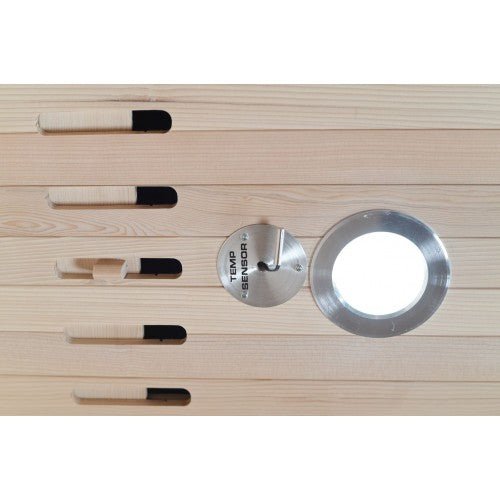 SunRay Cayenne 4-Person Outdoor Sauna 400D featuring a wooden panel with metal rods and a circular heater.