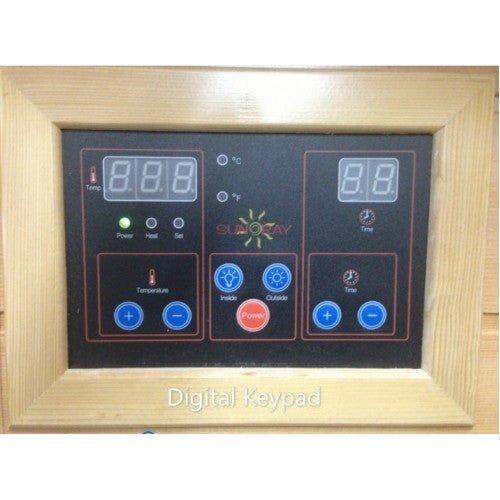 Digital control panel with buttons and numbers for SunRay Cayenne 4-Person Outdoor Sauna 400D featuring rapid-heat ceramic heaters and durable Canadian Hemlock wood construction.