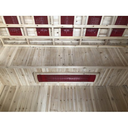 SunRay Cayenne 4-Person Outdoor Sauna 400D with ceramic heaters and Canadian hemlock wood construction, featuring a shingled roof, wide bench seating, and a Bluetooth speaker system.