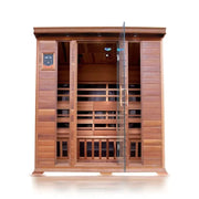 SunRay Sequoia 4-person indoor infrared sauna with glass doors, Canadian red cedar construction, ergonomic backrests, chromatherapy lighting, and Bluetooth speaker system.