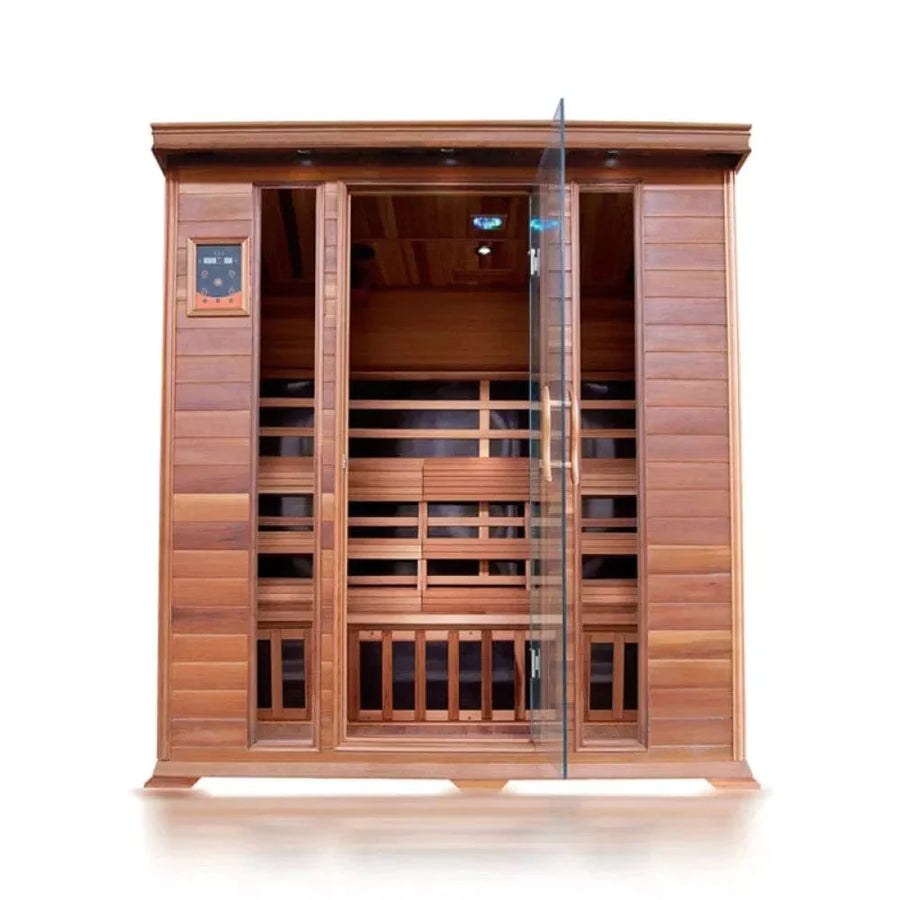 SunRay Sequoia 4-person indoor infrared sauna with glass doors, Canadian red cedar construction, ergonomic backrests, chromatherapy lighting, and Bluetooth speaker system.