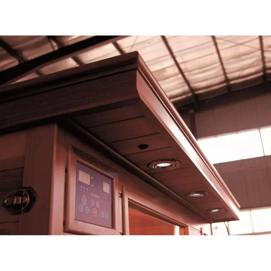 Close-up of the SunRay Sequoia 4-person indoor infrared sauna, showcasing its Canadian red cedar construction and ergonomic features.