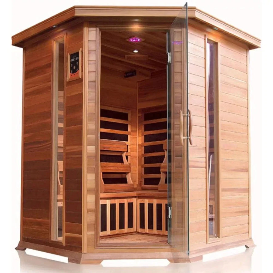 SunRay Bristol Bay 4-Person Indoor Corner Sauna 400KC with glass doors, ergonomic backrests, and recessed lighting, made from Canadian red cedar.