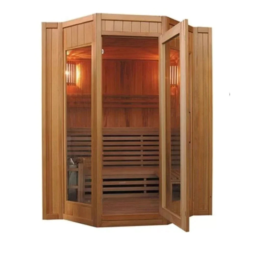 SunRay Tiburon 4-Person Indoor Traditional Sauna with glass doors, ergonomic seating, Canadian hemlock wood, and a 4.5 kW electric heater for intense heat.