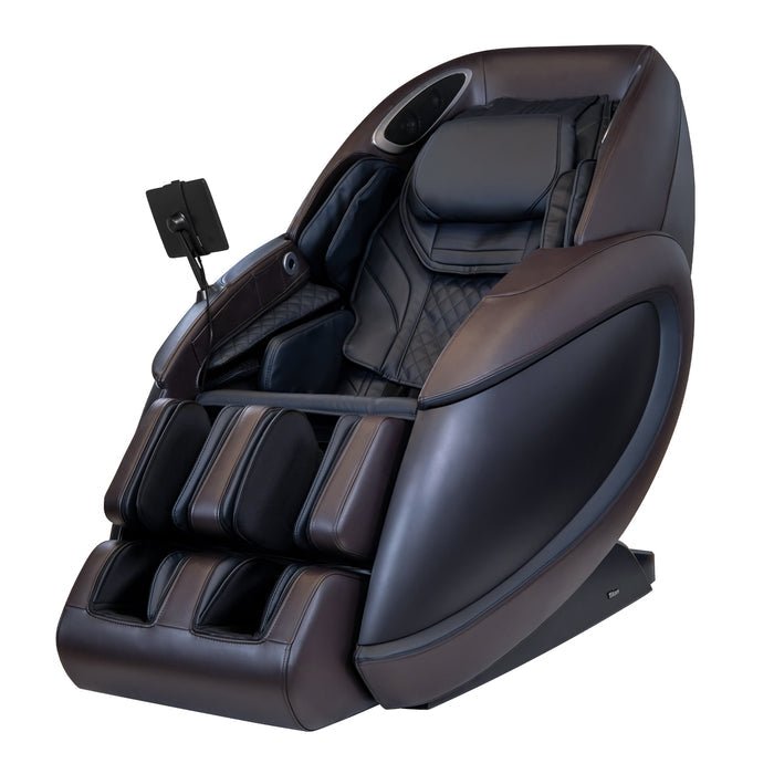 Titan Premium Fleetwood II Massage Chair with black leather cushions, featuring advanced 4D massage, body scanning, SL-track, and zero gravity functions.