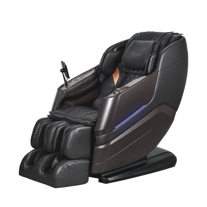 Titan TP-Epic 4D Massage Chair with blue LED lighting featuring touchscreen controller, voice command, and full-body massage capabilities.