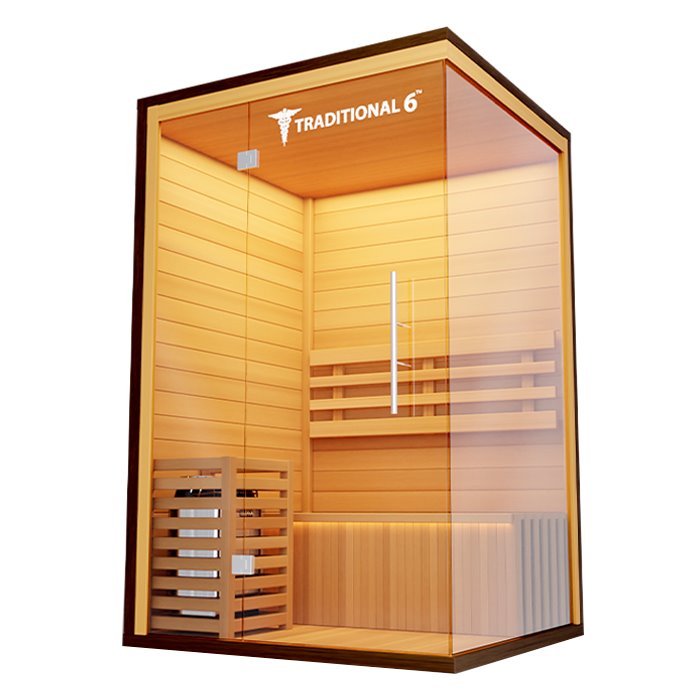 Traditional 6 Medical Sauna (2 Person) featuring a tempered glass door and crafted from Canadian Hemlock wood, designed for comfort and rapid heating.