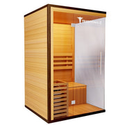 Traditional 6 Medical Sauna (2 Person) with glass doors, hemlock construction, internal benches, and built-in speaker system for a modern, relaxing sauna experience.