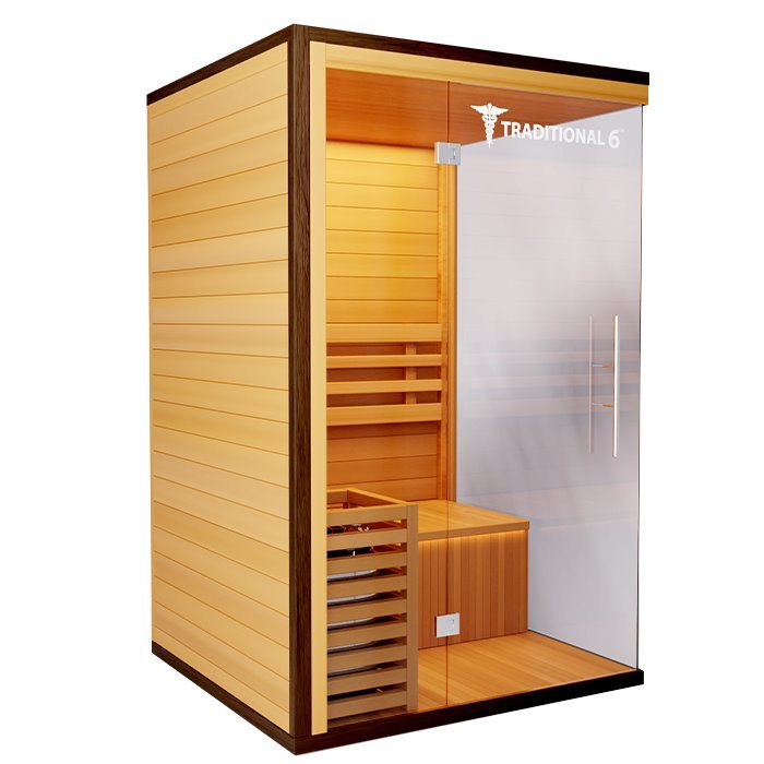 Traditional 6 Medical Sauna (2 Person) with glass doors, hemlock construction, internal benches, and built-in speaker system for a modern, relaxing sauna experience.