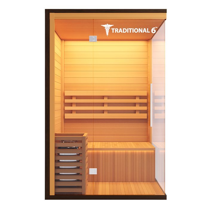 Traditional 6 Medical Sauna (2 Person) with glass doors, wooden construction, and internal benches, designed for comfort and rapid heating.