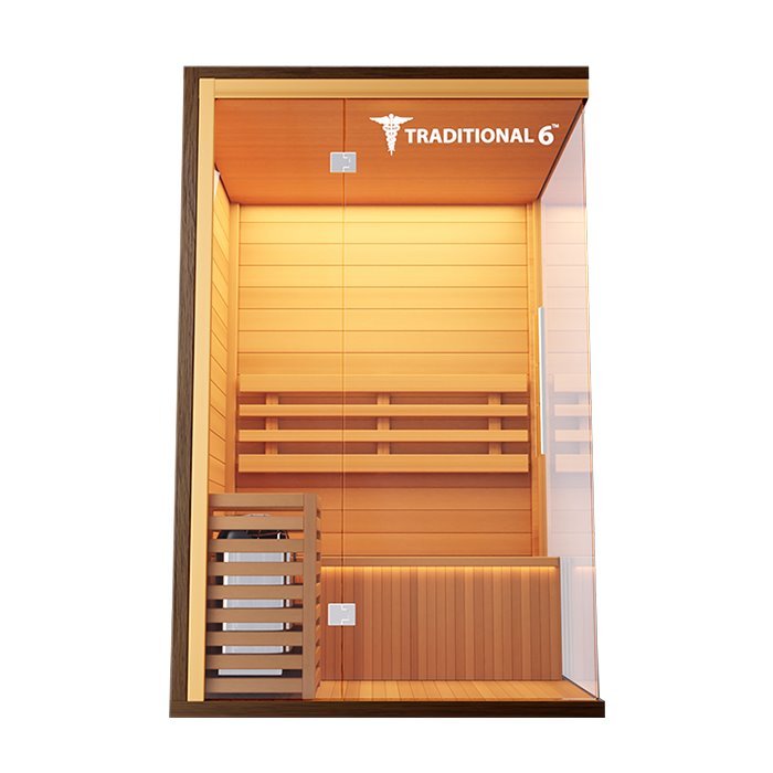 Traditional 6 Medical Sauna (2 Person) with glass doors, hemlock construction, internal bench, and built-in speaker system, suitable for up to two people.