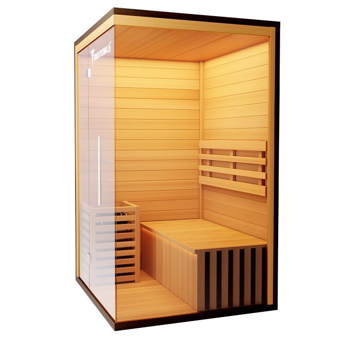 Traditional 6 Medical Sauna (2 Person) with glass door, wooden benches, and built-in speaker system for a luxurious wellness experience.