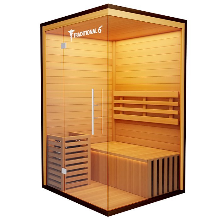 Alt text: 

Traditional 6 Medical Sauna for 2 people with glass door and Canadian Hemlock construction.